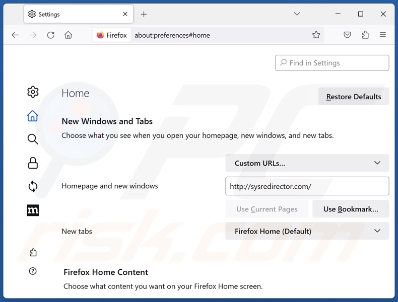 Rimozione di sysredirector.com dalla homepage di Mozilla Firefox