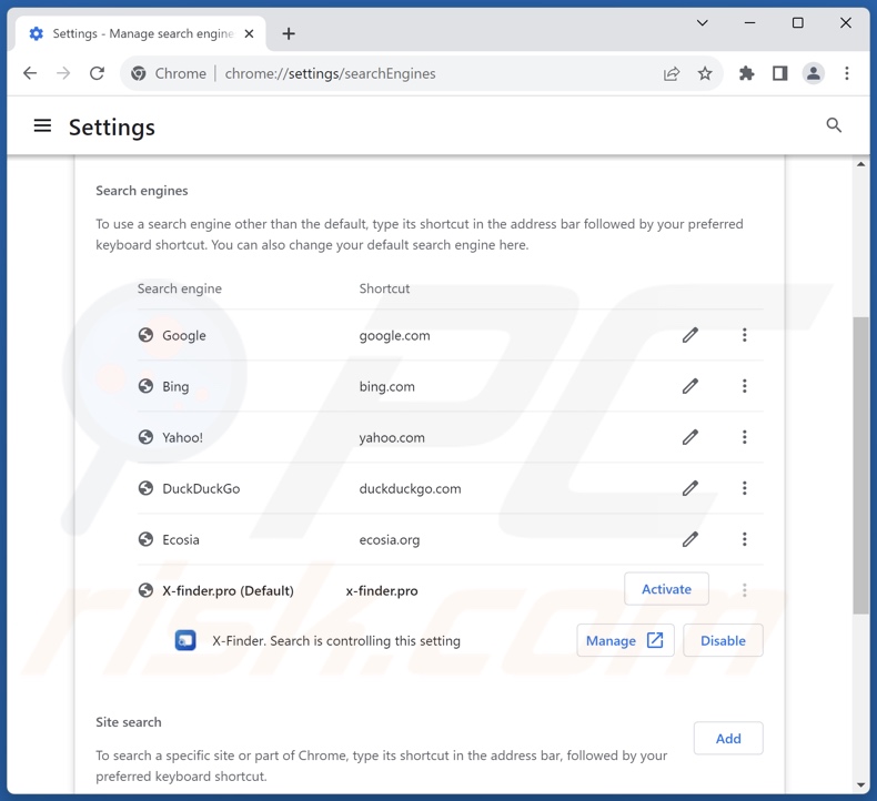 Rimozione di x-finder.pro dal motore di ricerca predefinito di Google Chrome