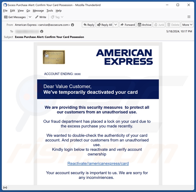 American Express Card Deactivation campagna di spam via e-mail