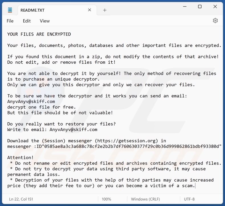Anyv ransomware nota di riscatto (README.TXT)