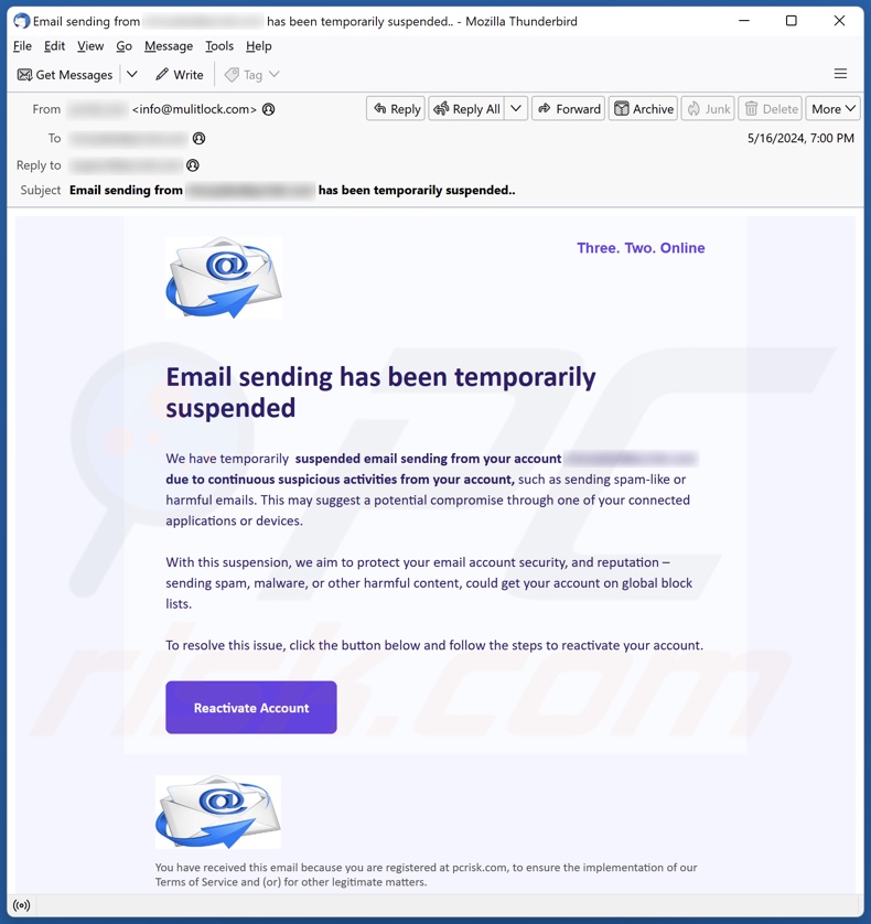 Email Sending Has Been Temporarily Suspended campagna di spam via e-mail