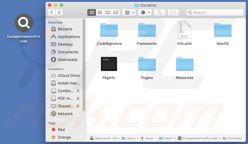 Cartella di installazione dell'adware EscapeDaemonFormat