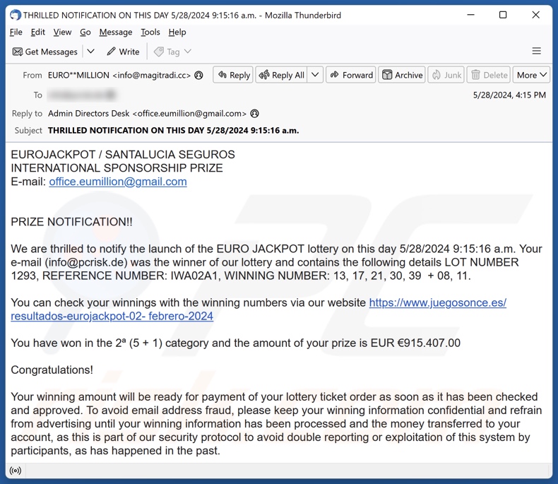 EUROJACKPOT campagna di spam via e-mail