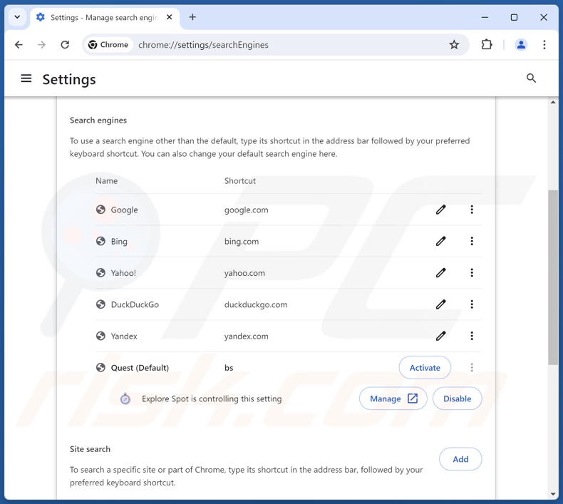 Rimozione di explorespot.io dal motore di ricerca predefinito di Google Chrome