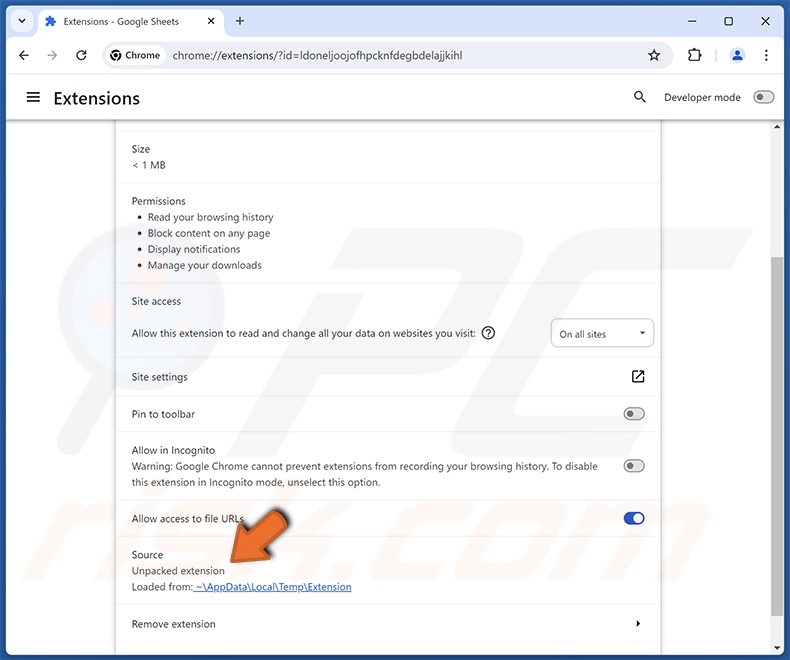 Dettagli dell'estensione del browser di Google Sheets (Chrome)