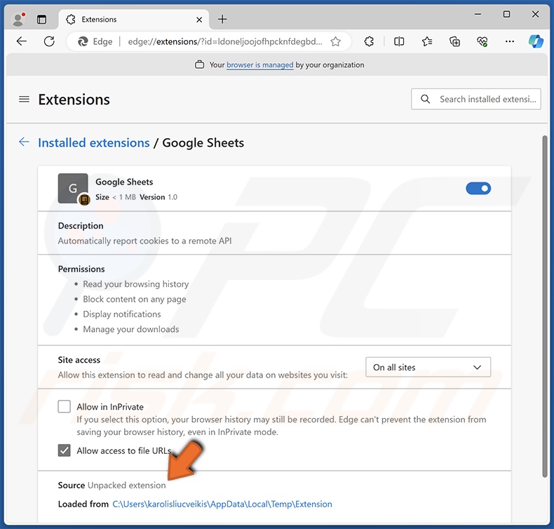 Dettagli dell'estensione del browser Google Sheets falso (Edge)