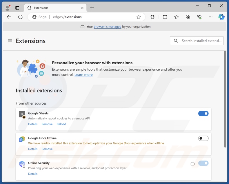 estensione fake del browser Google Sheets su Edge