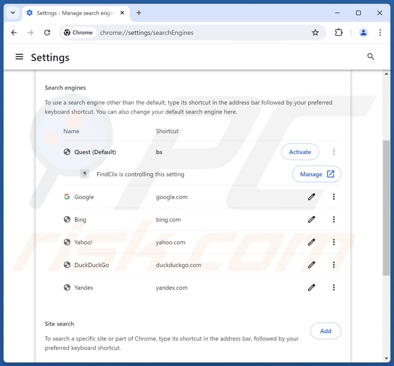 Rimozione di findflarex.com dal motore di ricerca predefinito di Google Chrome