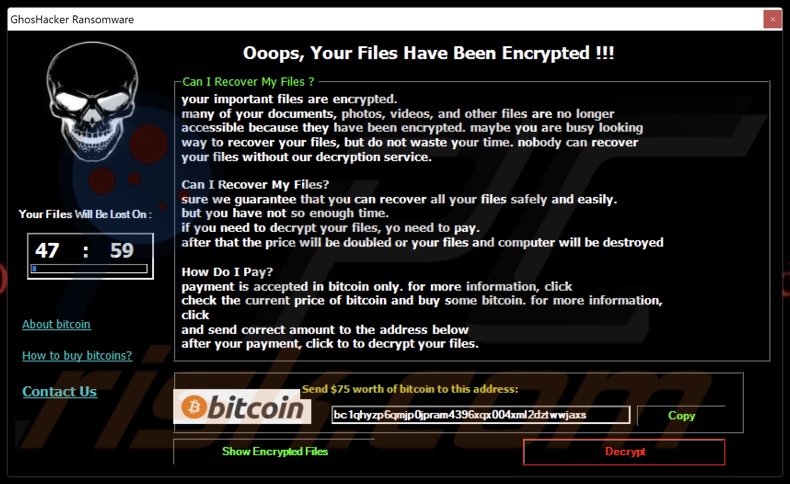 GhosHacker ransomware nota di riscatto (pop-up)