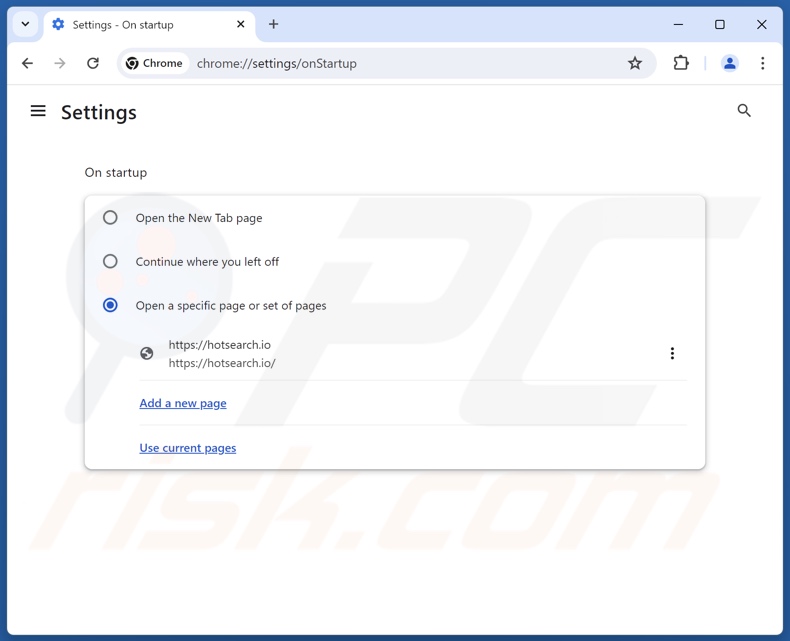 Rimozione di hotsearch.io dalla homepage di Google Chrome
