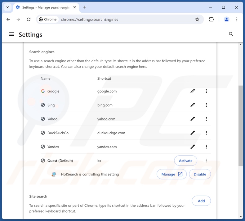 Rimozione di hotsearch.io dal motore di ricerca predefinito di Google Chrome