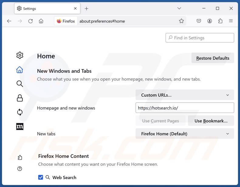 Rimozione di hotsearch.io dalla homepage di Mozilla Firefox