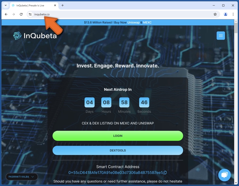 Aspetto del vero sito web di InQubeta (inqubeta.co)