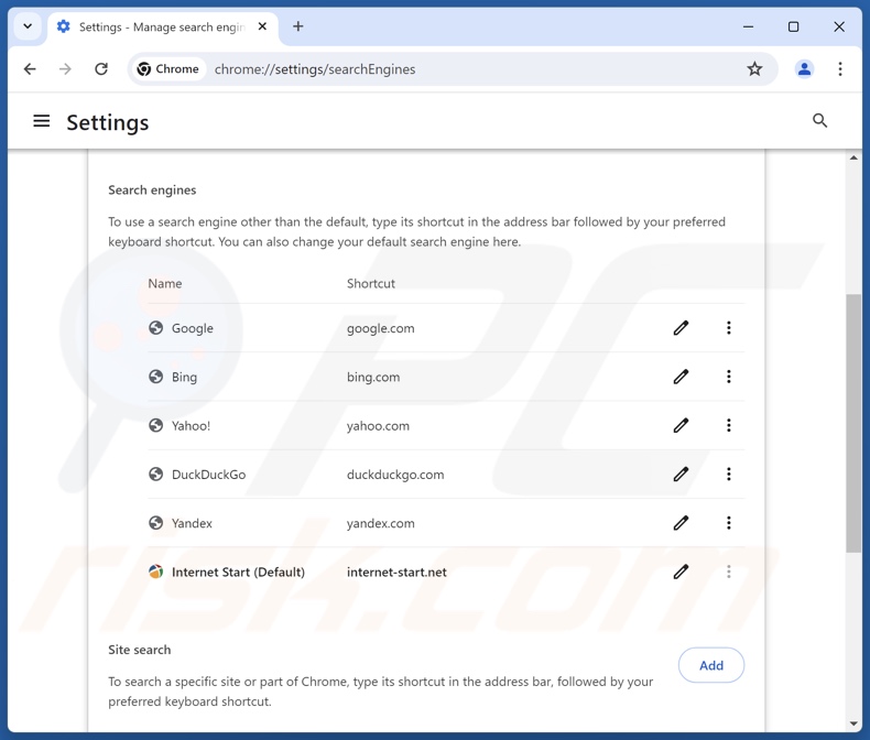 Rimozione di internet-start.net dal motore di ricerca predefinito di Google Chrome