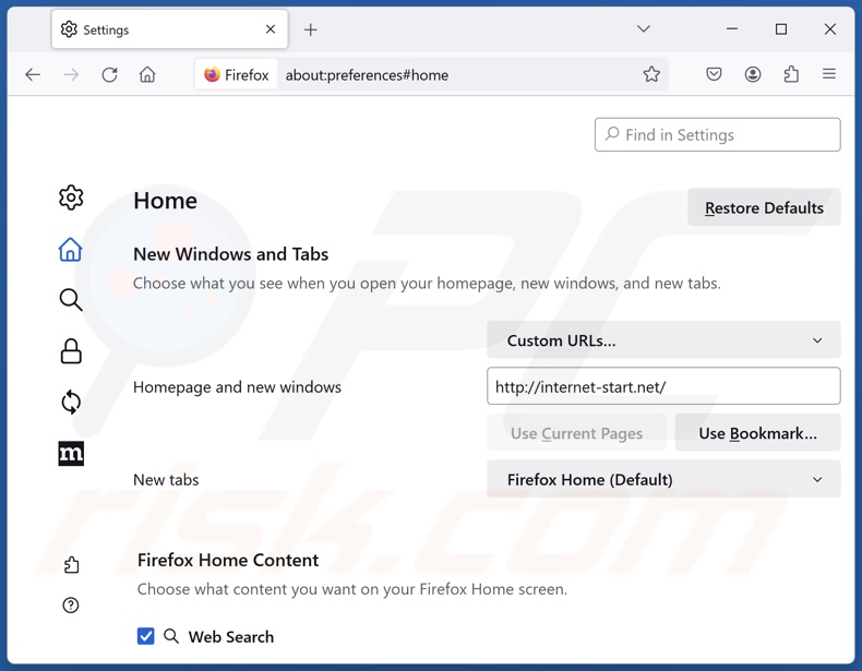 Rimozione di internet-start.net dalla homepage di Mozilla Firefox