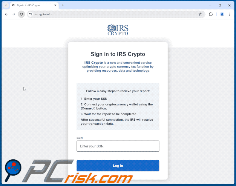 Apparizione di una truffa IRS Crypto (GIF)