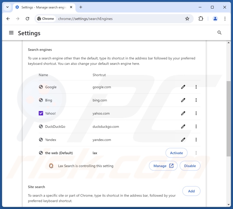 Rimozione di laxsearch.com dal motore di ricerca predefinito di Google Chrome