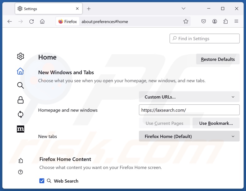Rimozione di laxsearch.com dalla homepage di Mozilla Firefox
