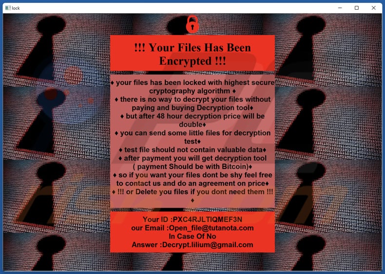 Lilium ransomware nota di riscatto (!INFO.HTA)