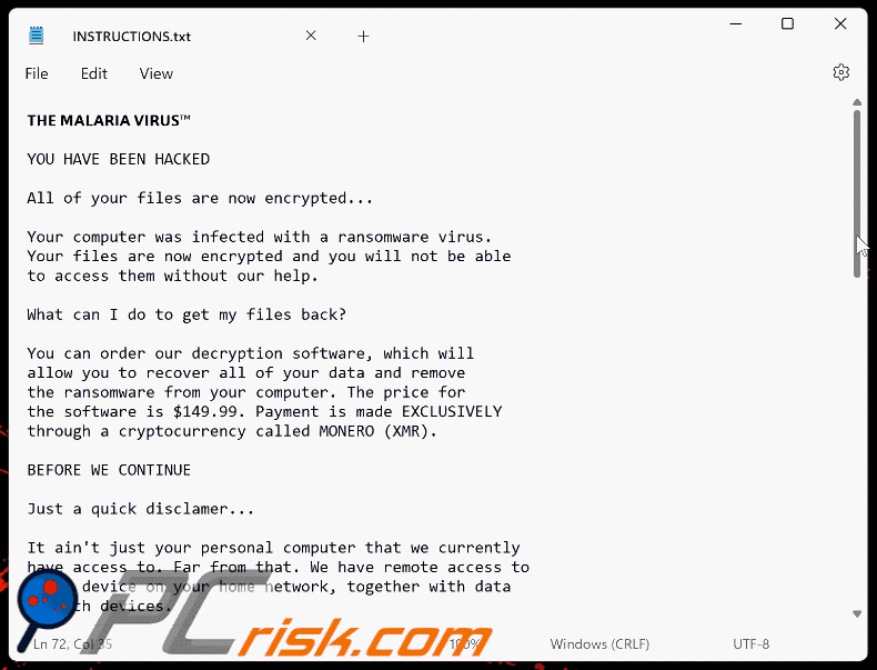 MALARIA VIRUS ransomware nota di riscatto (INSTRUCTIONS.txt) GIF