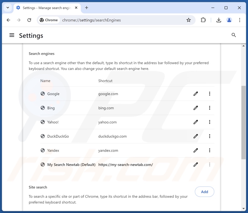 Rimozione di my-search-newtab.com dal motore di ricerca predefinito di Google Chrome