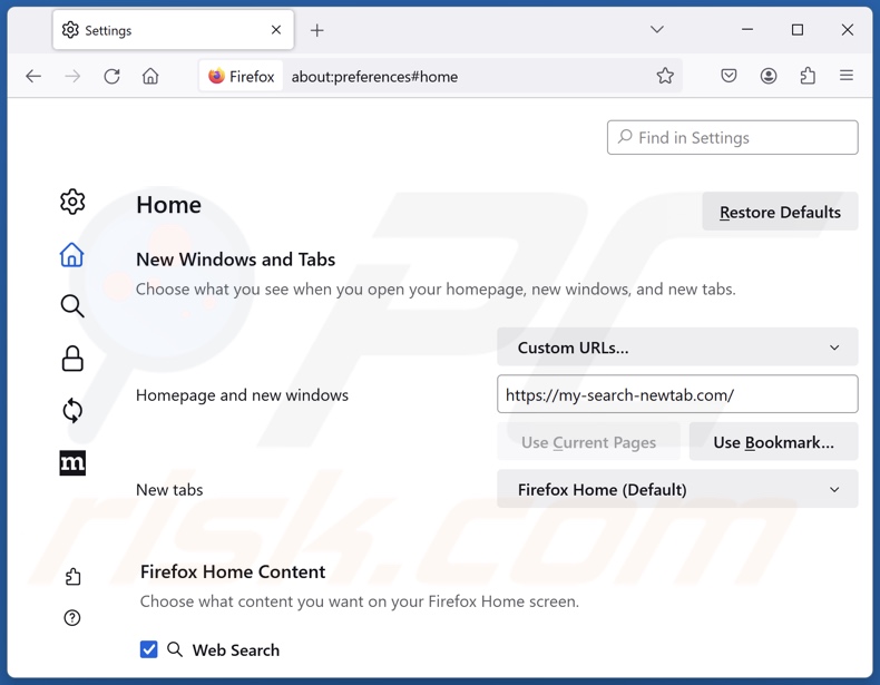 Rimozione di my-search-newtab.com dalla homepage di Mozilla Firefox