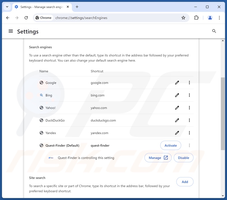 Rimozione di quest-finder.com dal motore di ricerca predefinito di Google Chrome