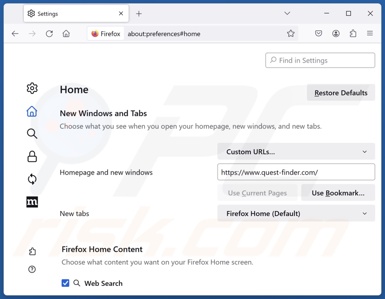 Rimozione di quest-finder.com dalla homepage di Mozilla Firefox