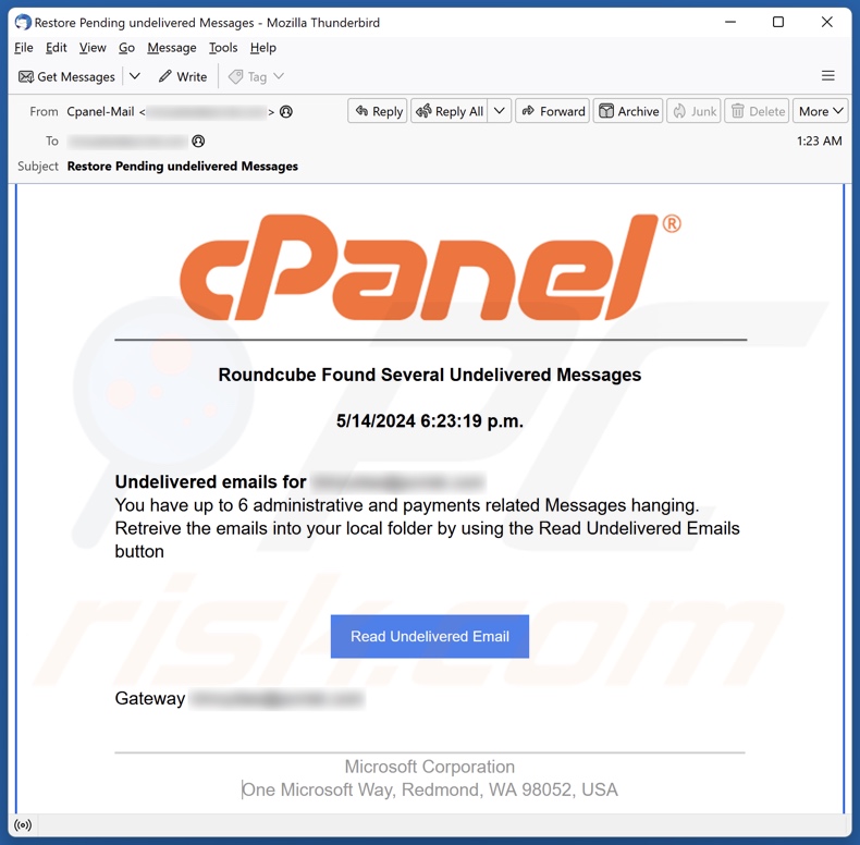Roundcube Found Several Undelivered Messages email truffa un'altra apparizione