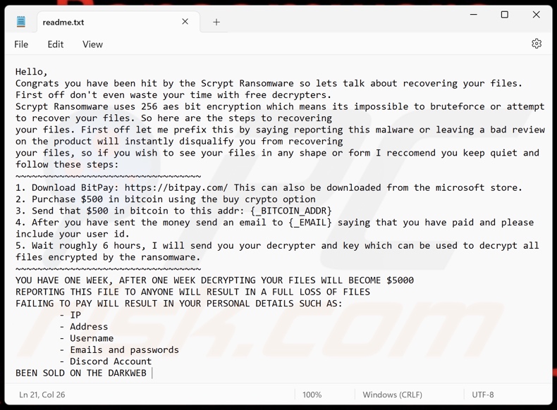 Scrypt ransomware nota di riscatto (readme.txt)