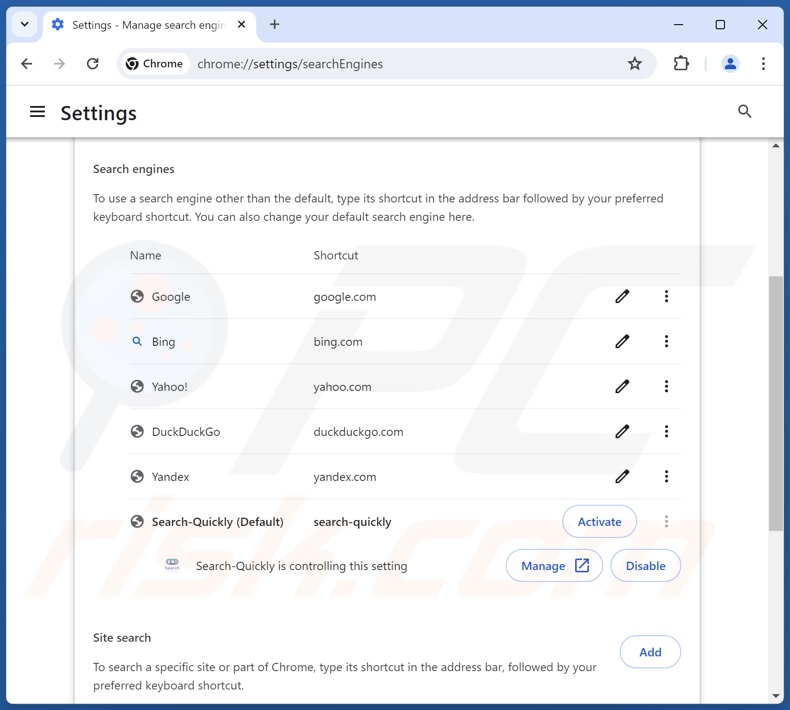 Rimozione di search-quickly.com dal motore di ricerca predefinito di Google Chrome