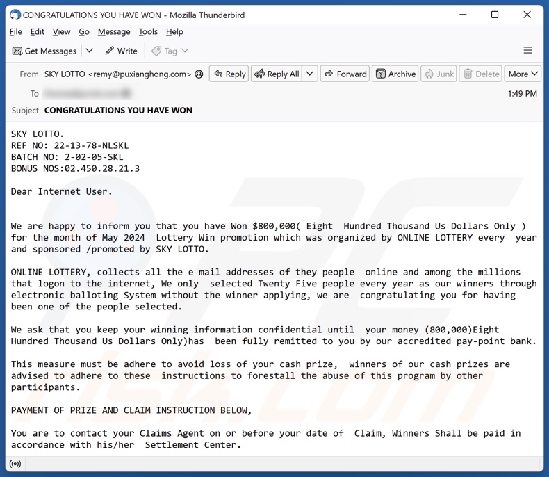 SKY LOTTO campagna di spam via e-mail