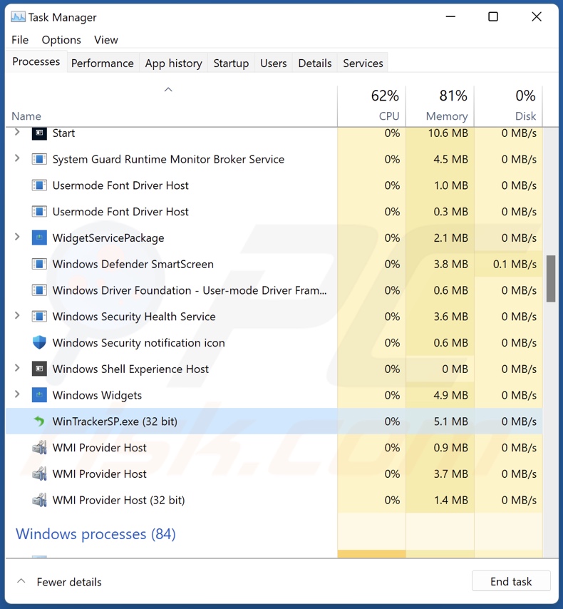 Processo WinTrackerSP PUA in Task Manager (WinTrackerSP.exe - nome del processo)