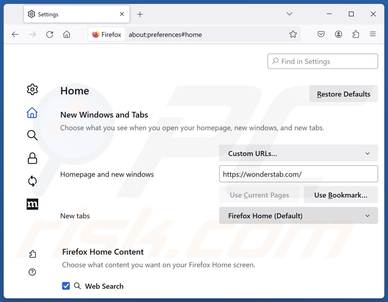 Rimozione di wonderstab.com dalla homepage di Mozilla Firefox