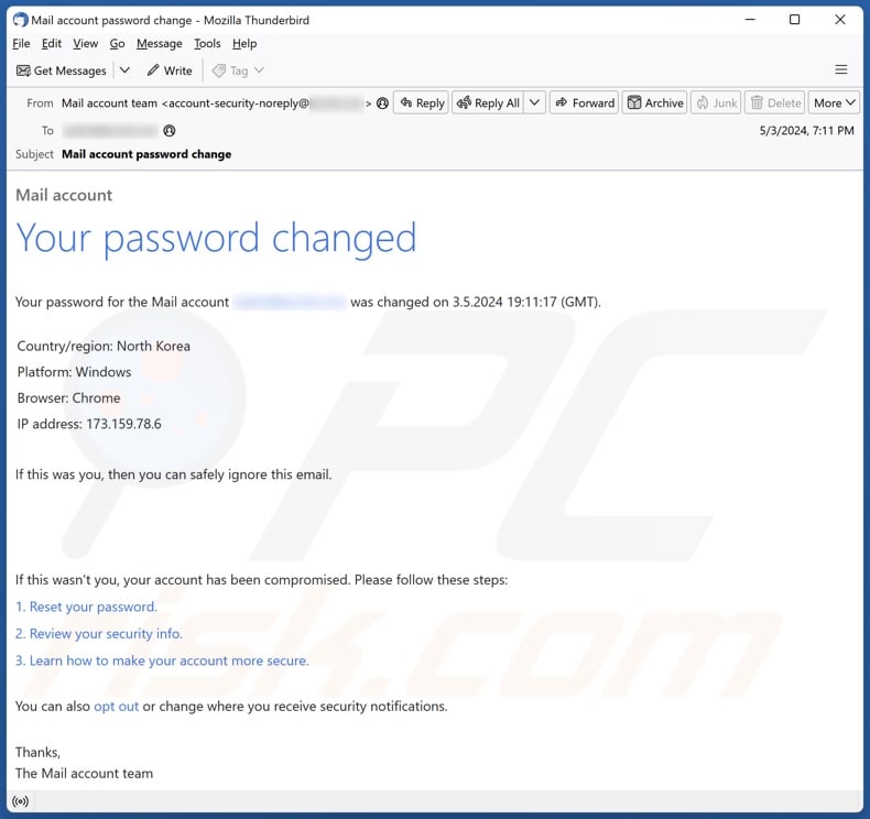 Your Password Changed campagna di spam via e-mail