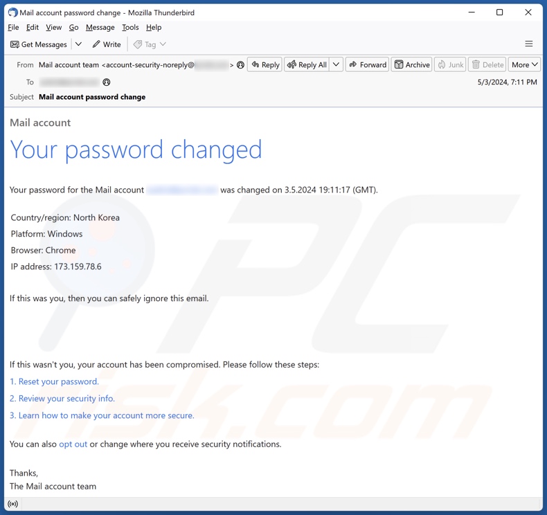 Your Password Changed campagna di spam via e-mail