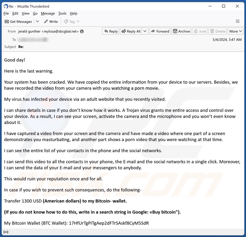 Your System Has Been Cracked campagna di spam via e-mail