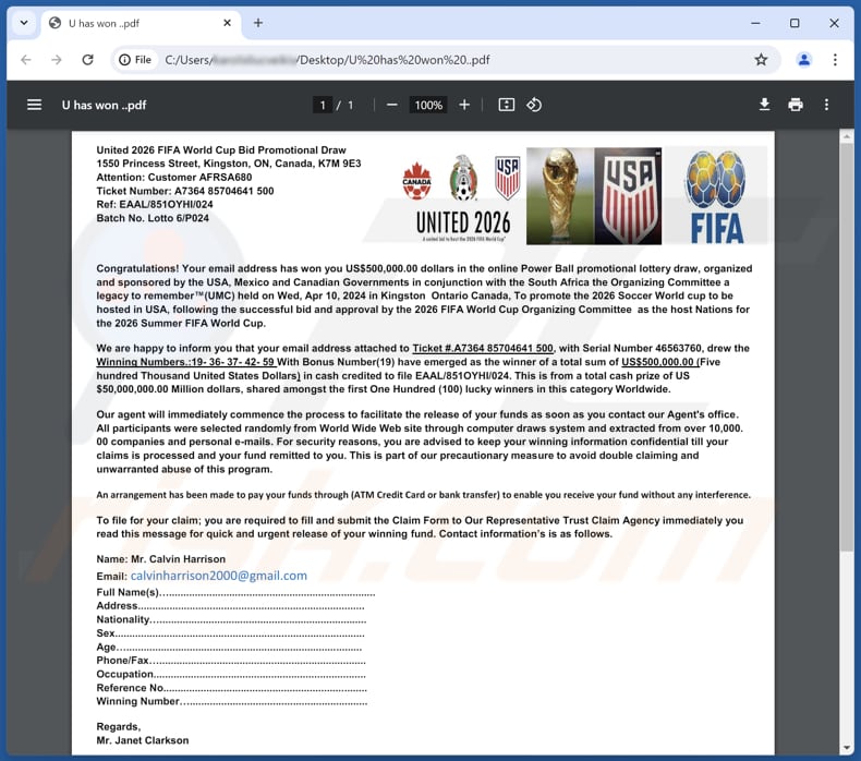 2026 FIFA World Cup Lottery allegato di una truffa via e-mail