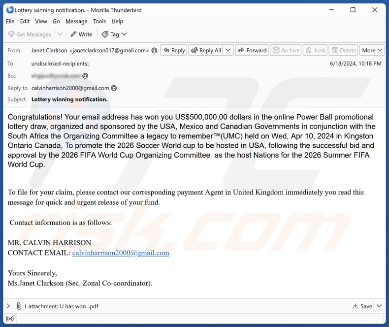 2026 FIFA World Cup Lottery campagna di spam via e-mail