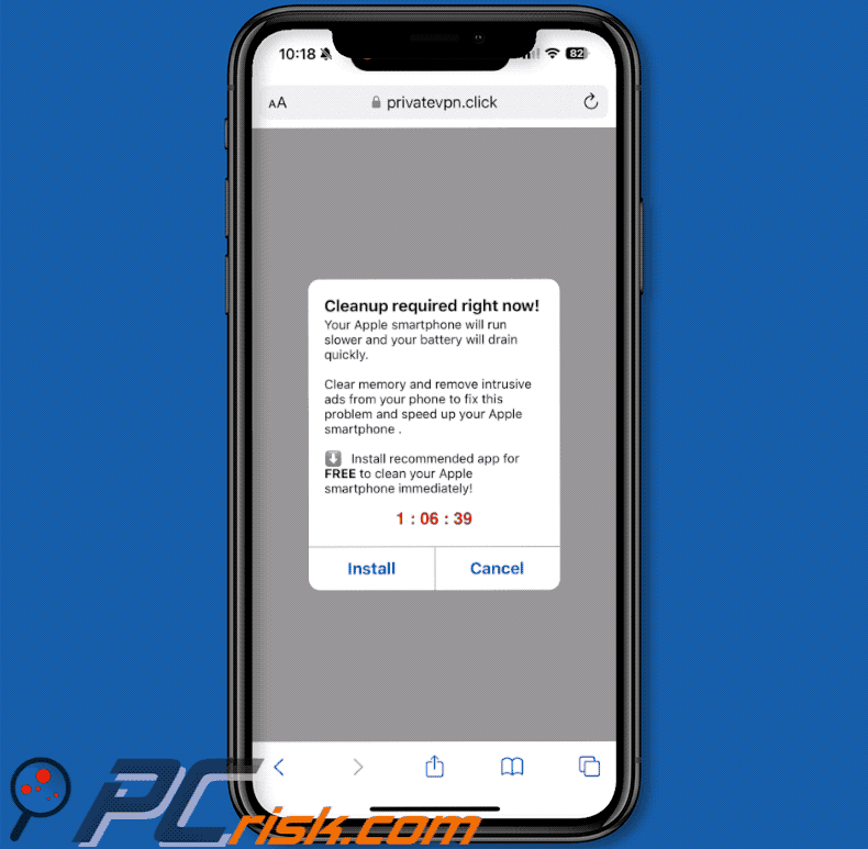 Cleanup Required Right Now! Pop-Up Scam variante iPhone (GIF)