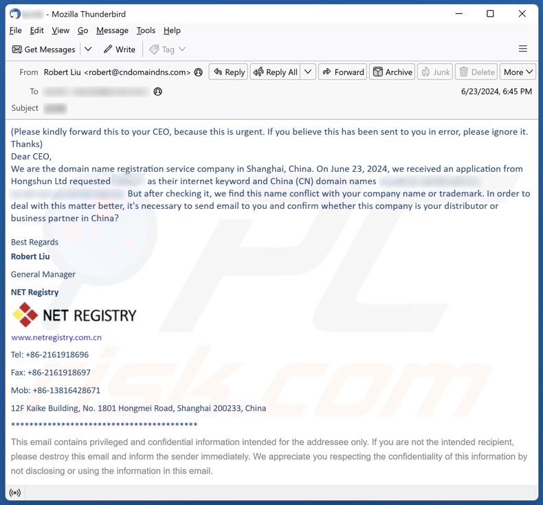 Conflict With Your Company Name Or Trademark email truffa un'altra variante