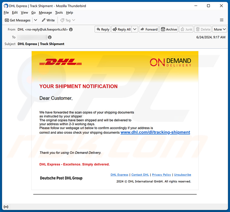 DHL Shipment Notification email truffa (2024-06-26)