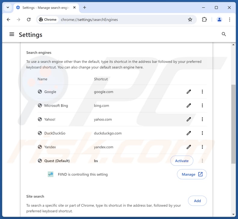 Rimozione di findflarex.com dal motore di ricerca predefinito di Google Chrome