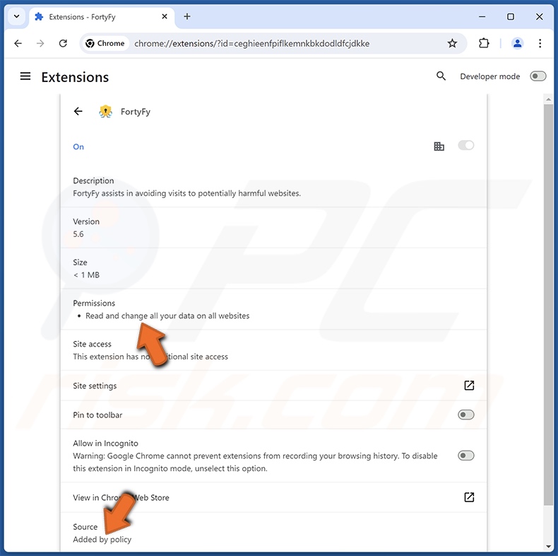 Dettagli dell'estensione del browser FortyFy