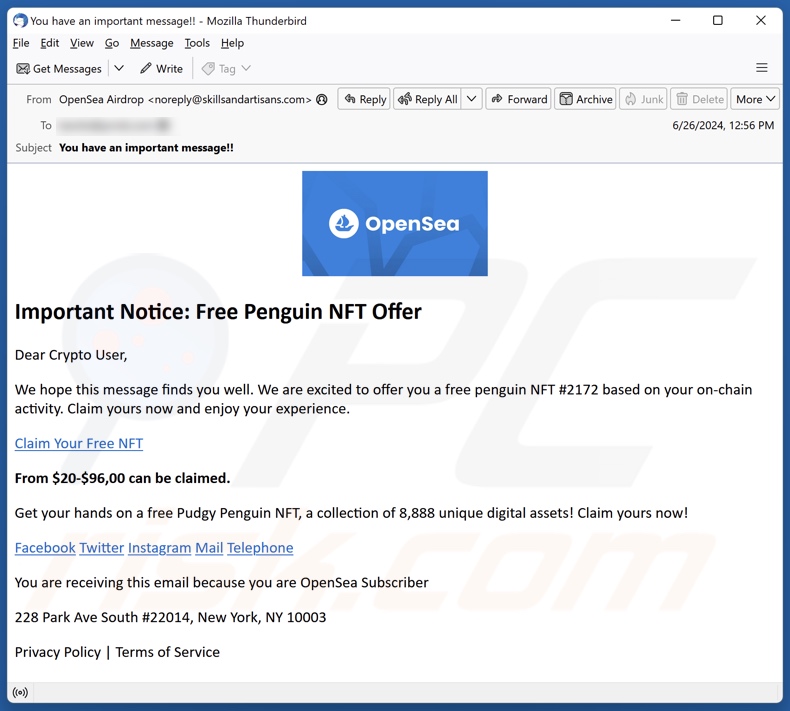 Comparsa dell'e-mail di spam che avalla la truffa Free Penguin NFT