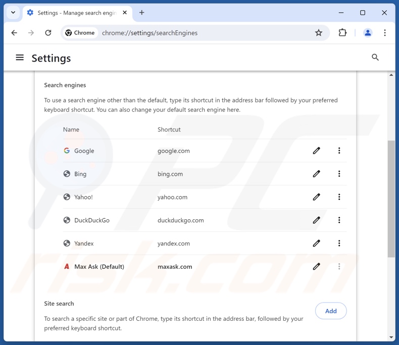 Rimozione di maxask.com dal motore di ricerca predefinito di Google Chrome