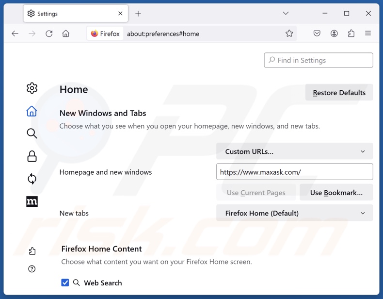 Rimozione di maxask.com dalla homepage di Mozilla Firefox