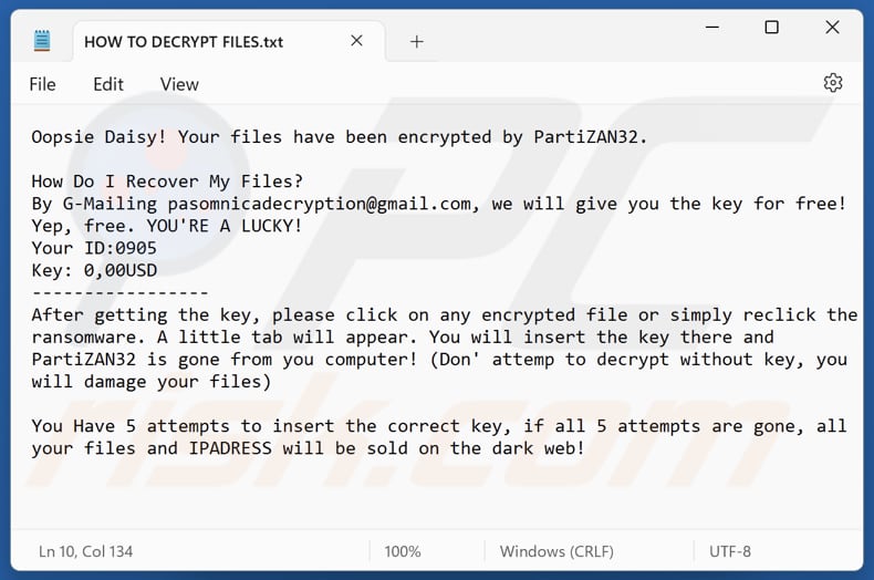 PartiZAN32 ransomware file di testo (HOW TO DECRYPT FILES.txt)