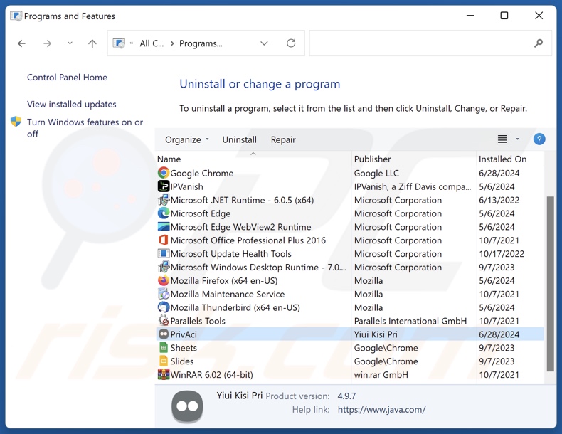 PrivAci uninstall via Control Panel