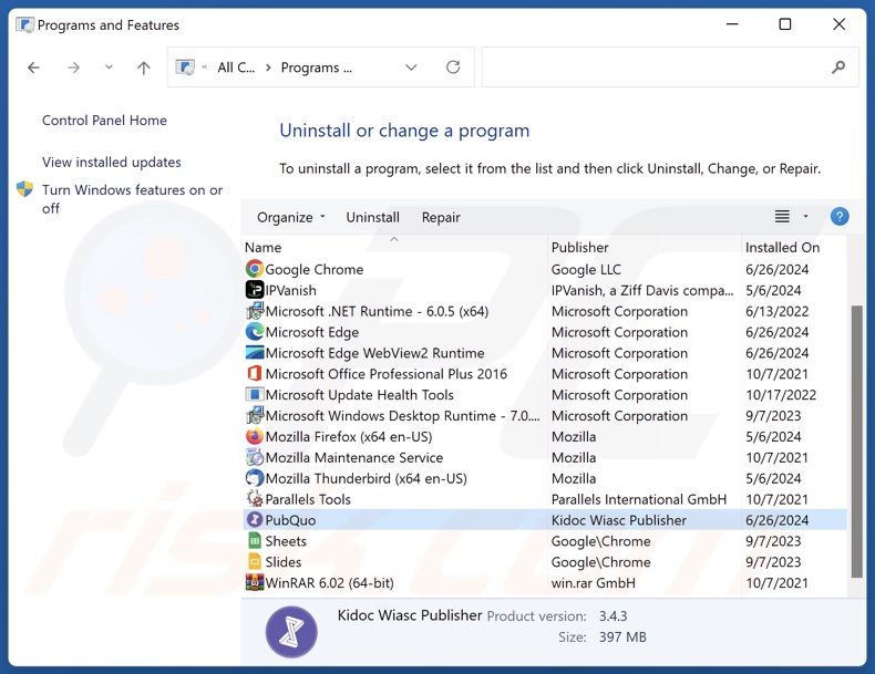 PubQuo si disinstalla tramite il Pannello di controllo